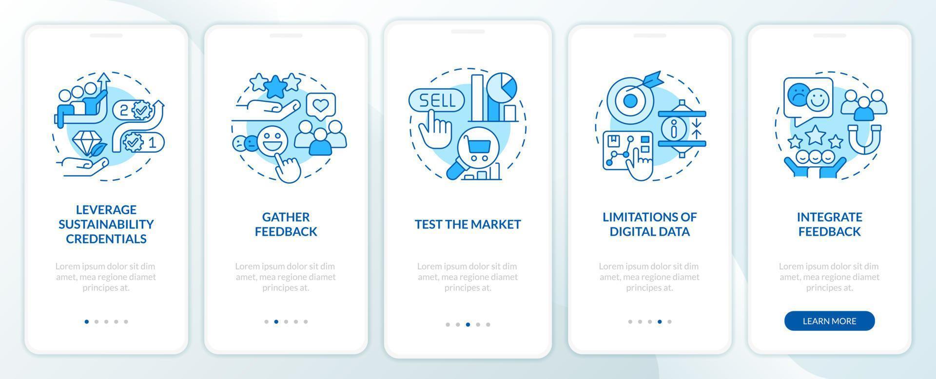 Ways to sustain your brand blue onboarding mobile app screen. Walkthrough 5 steps editable graphic instructions with linear concepts. UI, UX, GUI template vector