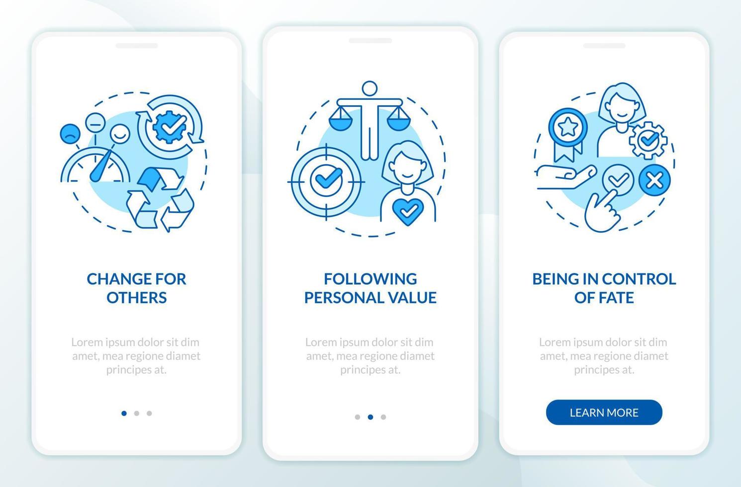 Customer needs blue onboarding mobile app screen. Brand development walkthrough 3 steps editable graphic instructions with linear concepts. UI, UX, GUI template vector