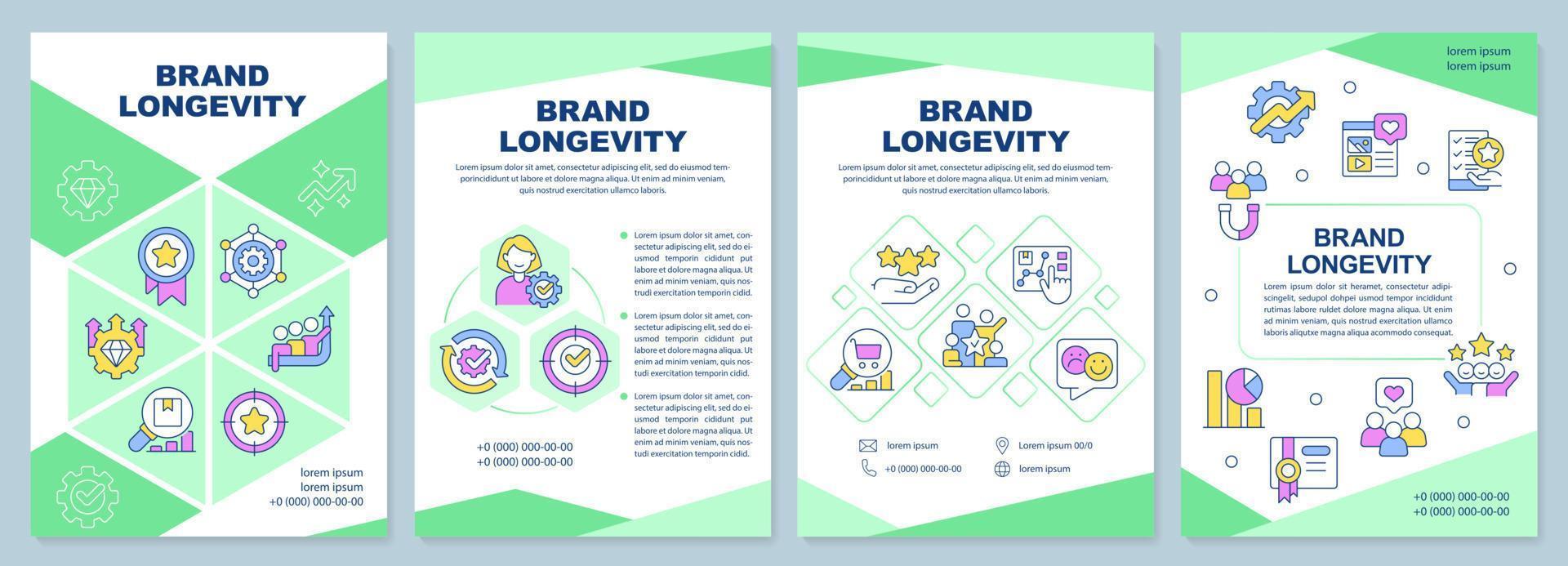 Brand longevity green brochure template. Marketing strategy. Leaflet design with linear icons. Editable 4 vector layouts for presentation, annual reports