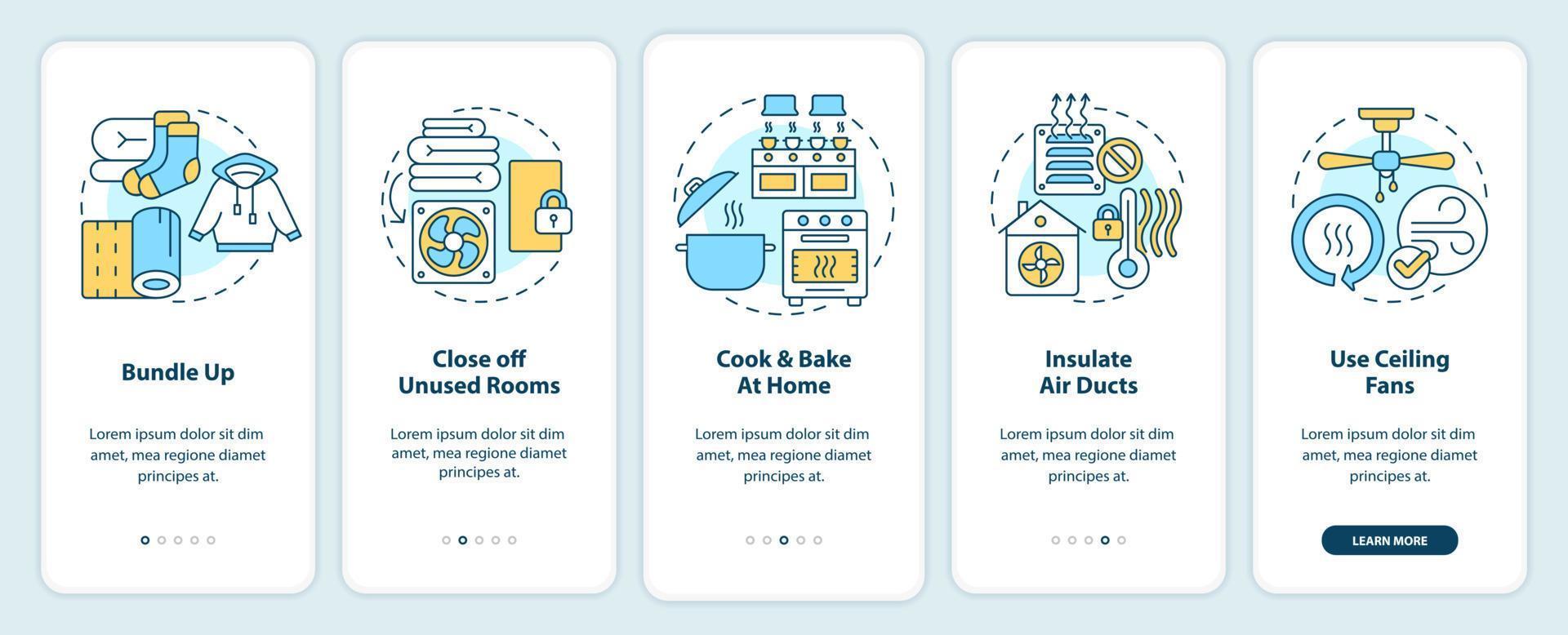 salvar en calor energía cuentas en invierno inducción móvil aplicación pantalla. recorrido 5 5 pasos editable gráfico instrucciones con lineal conceptos. ui, ux, gui modelo vector