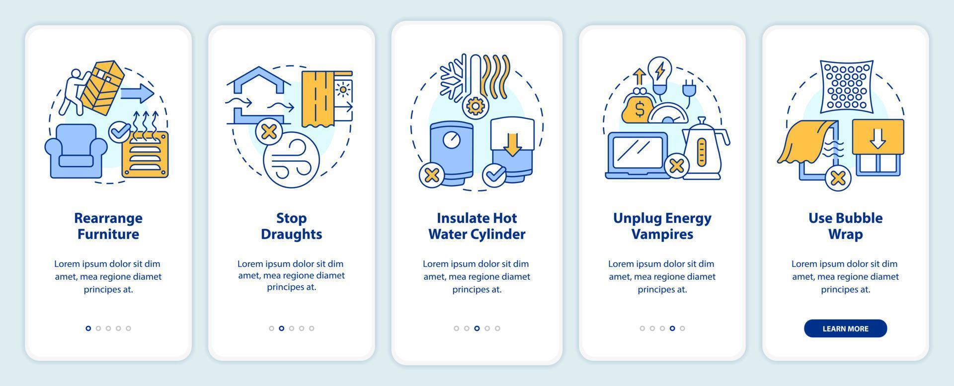 Lowering heating costs in winter tips onboarding mobile app screen. Walkthrough 5 steps editable graphic instructions with linear concepts. UI, UX, GUI template vector