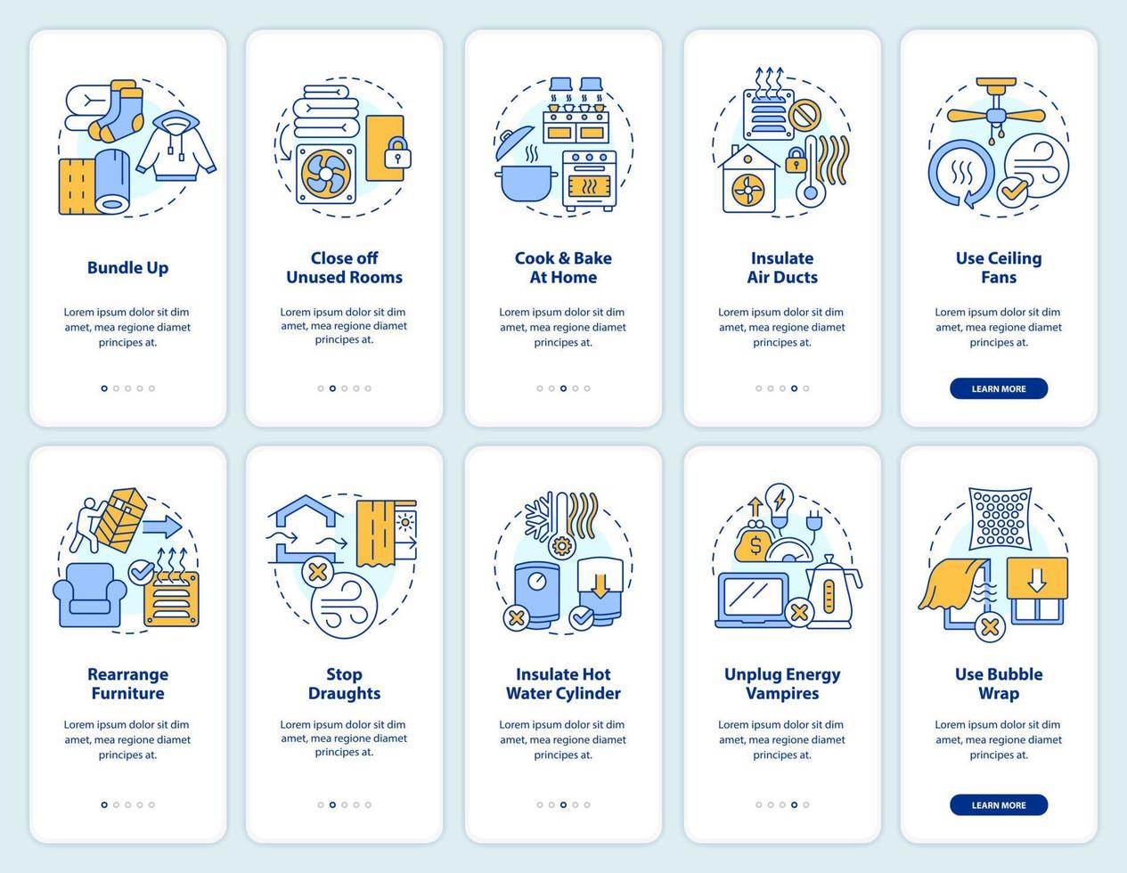 Saving heat energy onboarding mobile app screen set. Low power using walkthrough 5 steps editable graphic instructions with linear concepts. UI, UX, GUI template vector