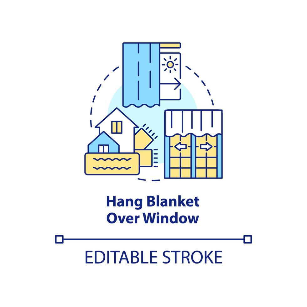 Hang blanket over window concept icon. Reduce house heat loss. Draught proofing abstract idea thin line illustration. Isolated outline drawing. Editable stroke vector