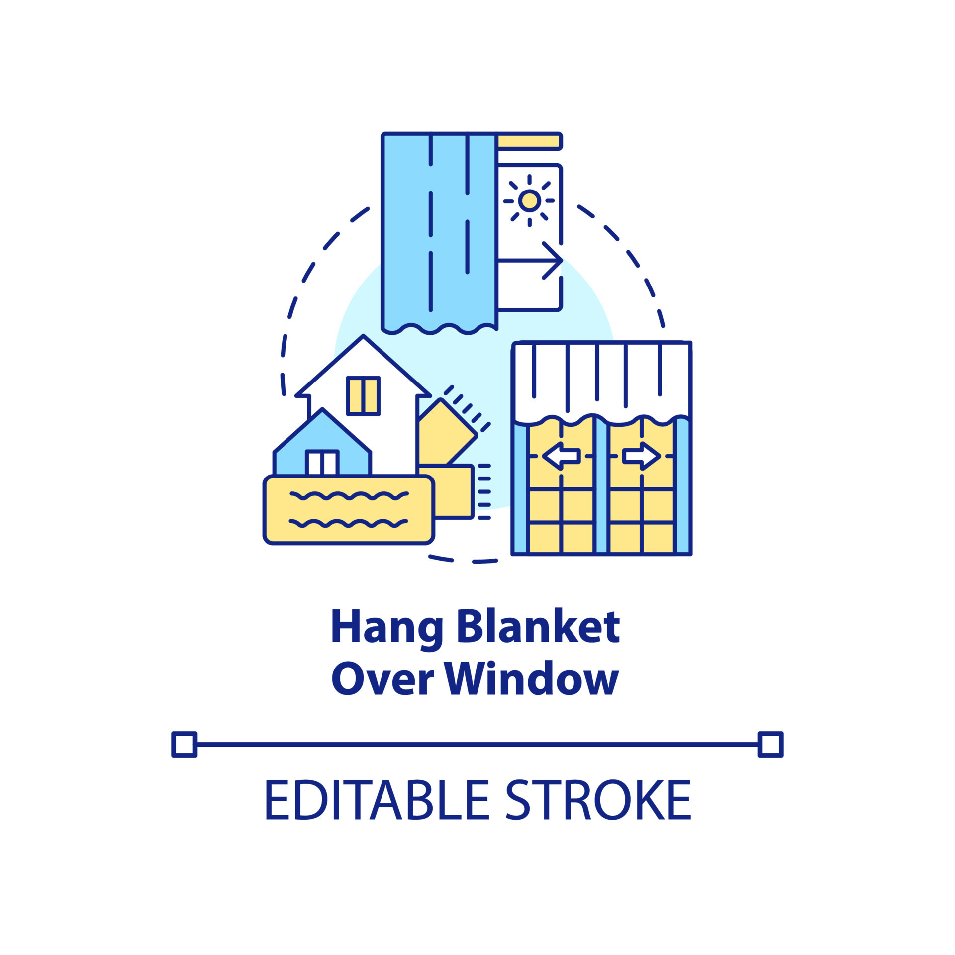 Hang blanket over window concept icon. Reduce house heat loss. Draught