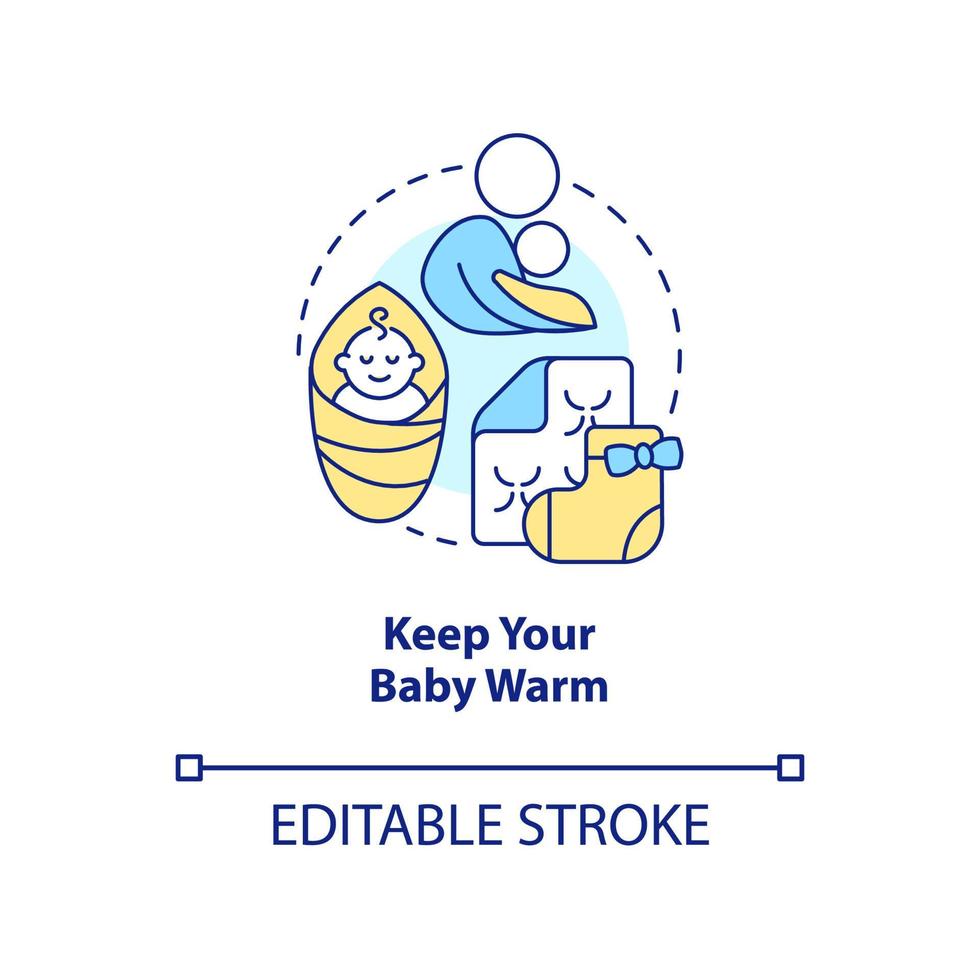 Keep your baby warm concept icon. Use body heat to warm up toddlers. Cold weather tip abstract idea thin line illustration. Isolated outline drawing. Editable stroke vector