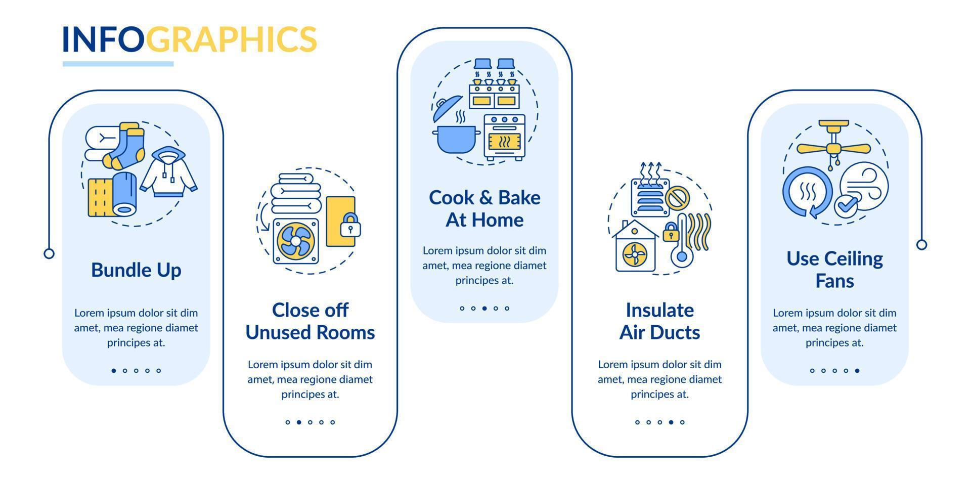 Reduce heating bill costs rectangle infographic template. Save energy. Data visualization with 5 steps. Editable timeline info chart. Workflow layout with line icons vector