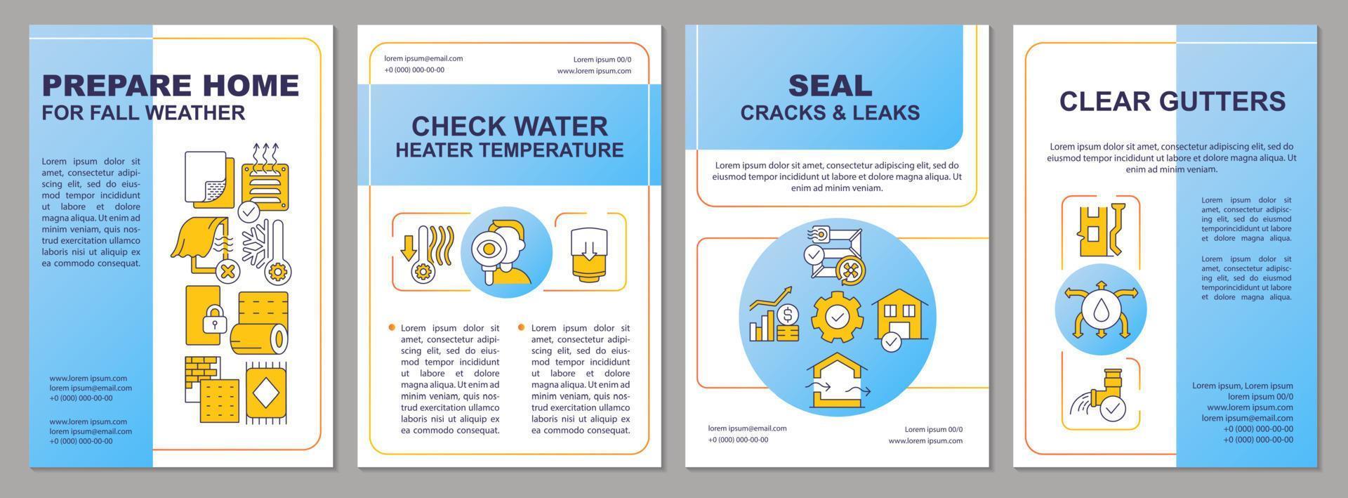 Prepare home for heating season blue brochure template. Warm house. Leaflet design with linear icons. Editable 4 vector layouts for presentation, annual reports