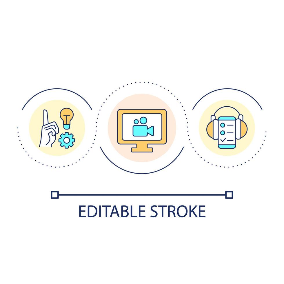 Video and audio recording setup loop concept icon. Adjust filming instruments. Documentary equipment abstract idea thin line illustration. Isolated outline drawing. Editable stroke vector