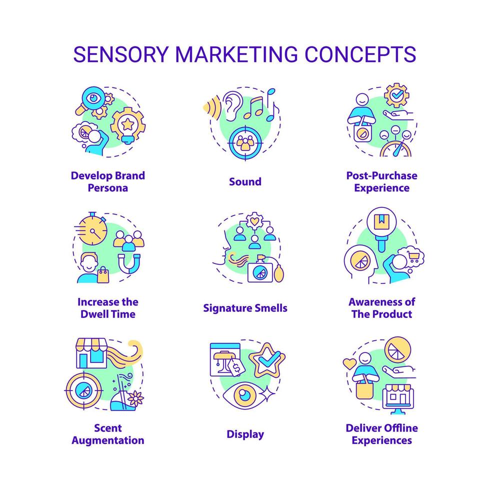 Sensory marketing concept icons set. Appealing to customer senses idea thin line color illustrations. Brand development. Isolated symbols. Editable stroke vector