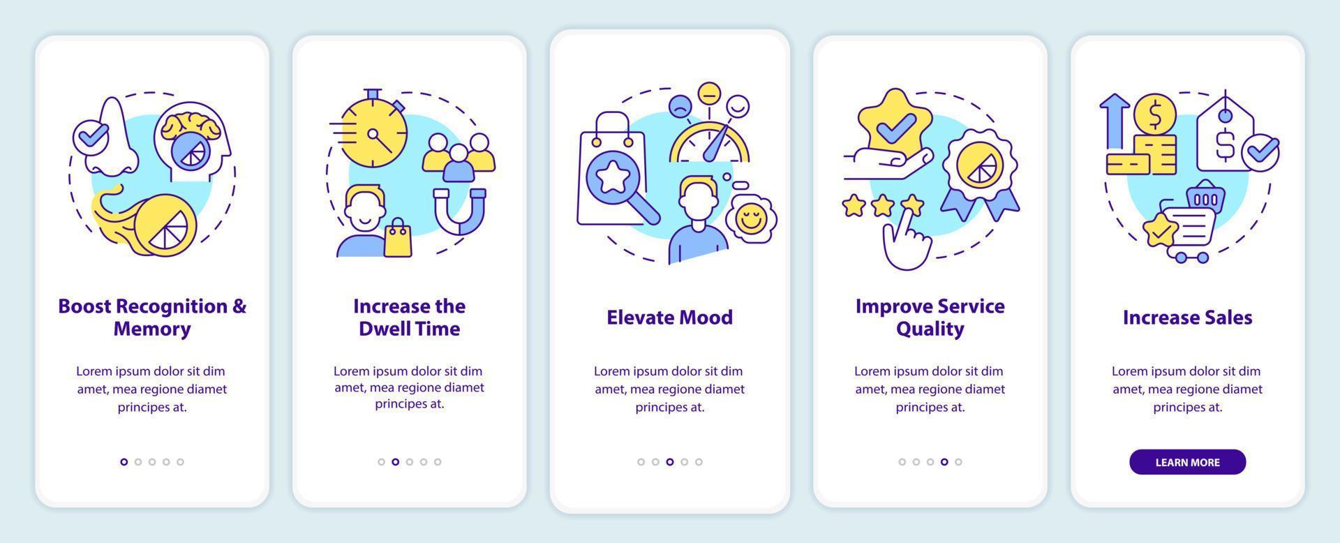 Ambient scenting benefits onboarding mobile app screen. Elevate mood walkthrough 5 steps editable graphic instructions with linear concepts. UI, UX, GUI template vector