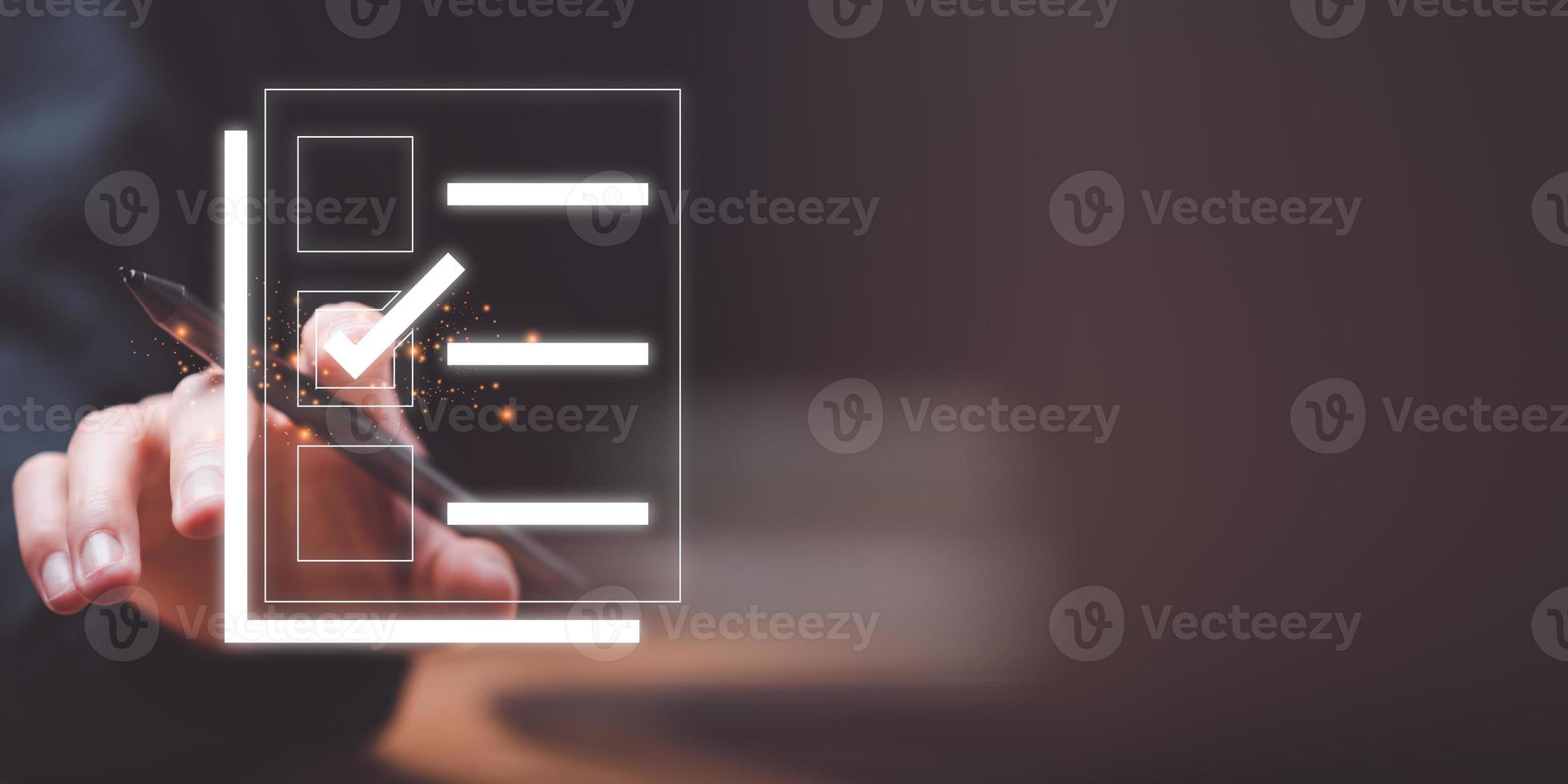 operator makes mark on the survey topic ,Checklist with checkmarks and checkboxes ,checklist ideas, online quality assessment ,checkbox to conduct opinion and quality surveys or satisfaction photo