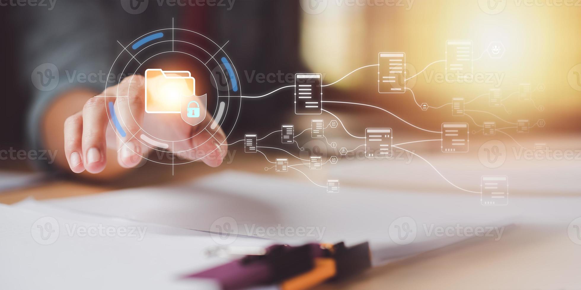 office worker working with document folder ,Management of corporate data storage ,ERP document system management ,quality assessment management With a checklist ,business document evaluation process photo