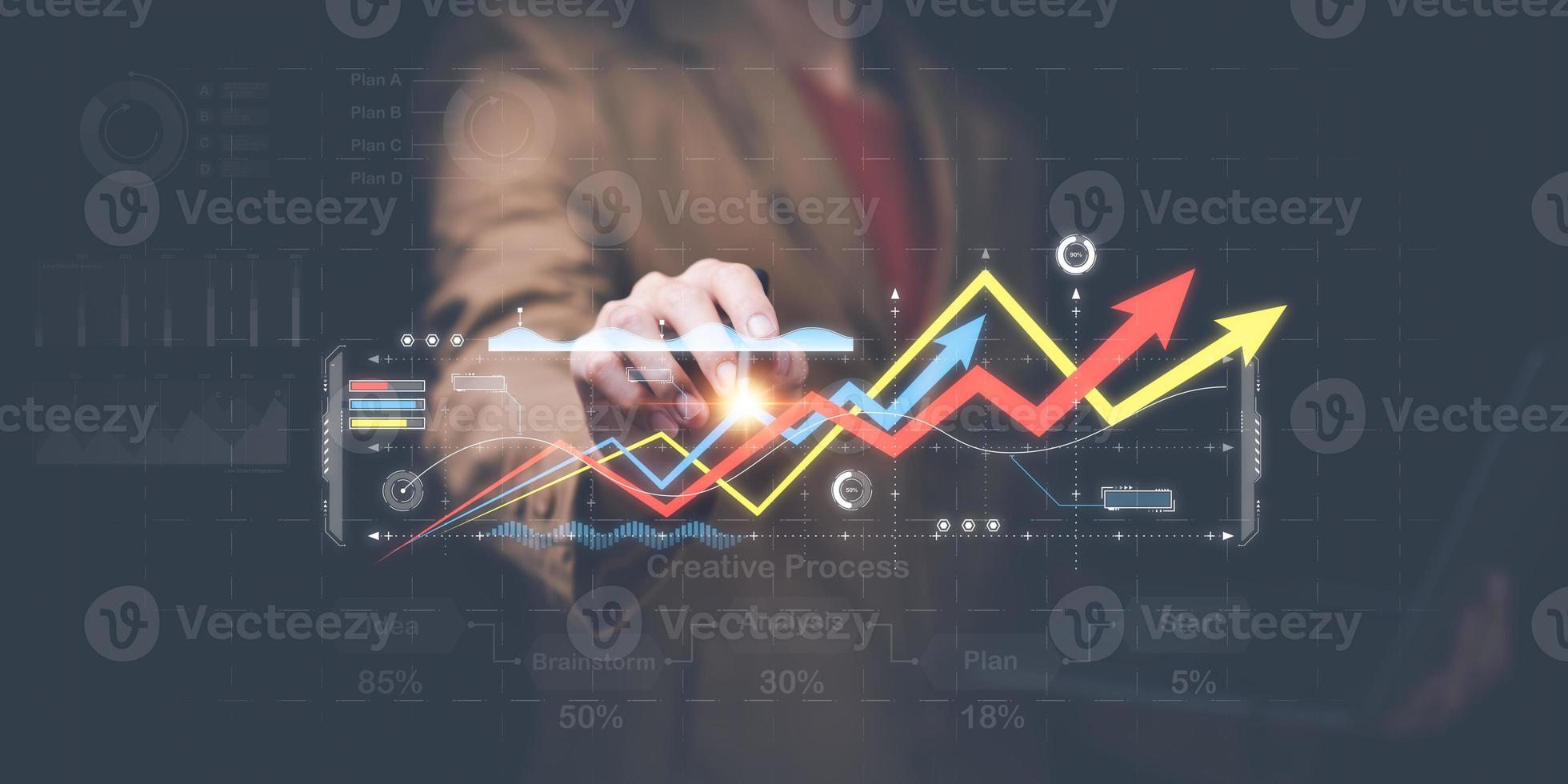 empresario leyendo grafico reporte y negocio Estadísticas cartas ,análisis y mejora de corporativo estrategia ,Estadísticas y datos conceptos ,actualizar anual presupuesto cuentas ,negocio crecimiento grafico foto