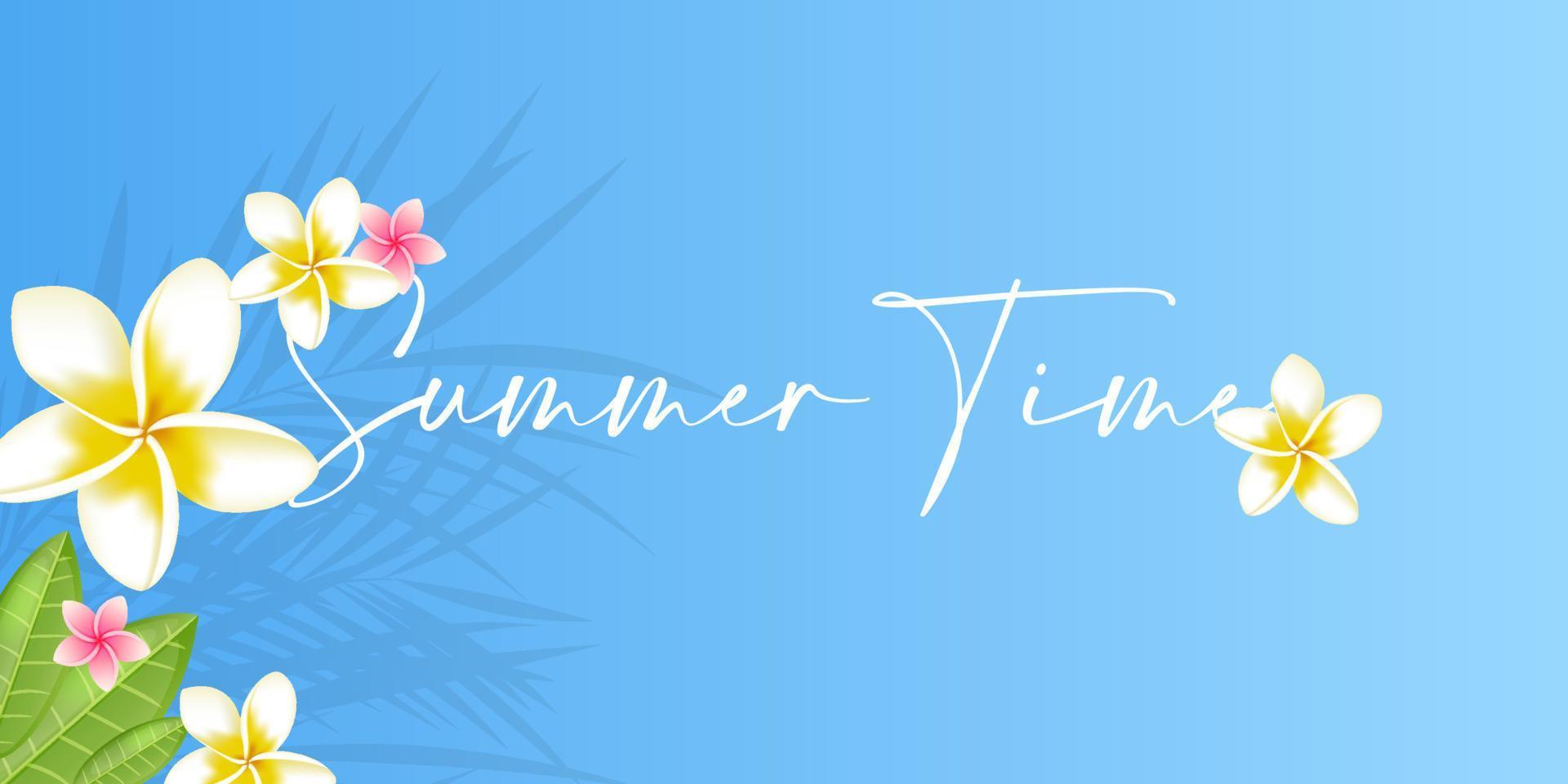 Summer tropical vector design for banner or flyer with flumeria flower, leaves and handlettering.