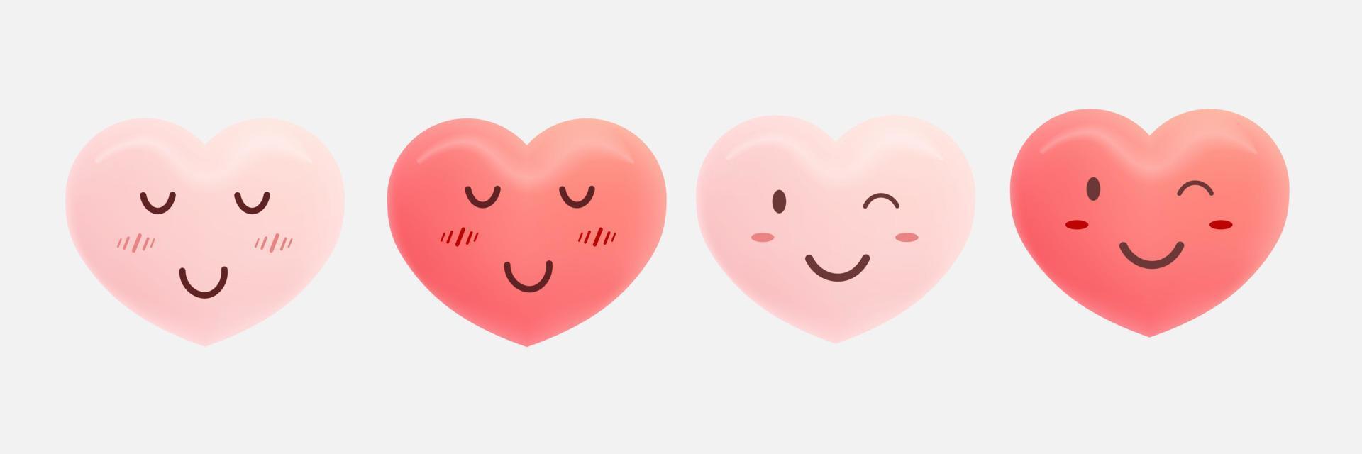Set of cute heart cartoon design. Pink and red heart icon symbol. Cute funny heart expression face clipart sticker design vector illustration