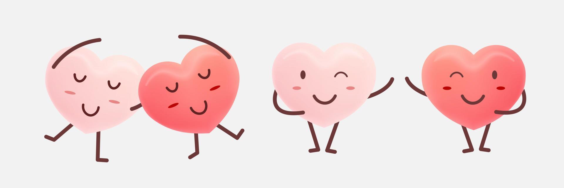 Set of cute heart cartoon design. Pink and red heart icon symbol. Cute funny heart expression face clipart sticker design vector illustration