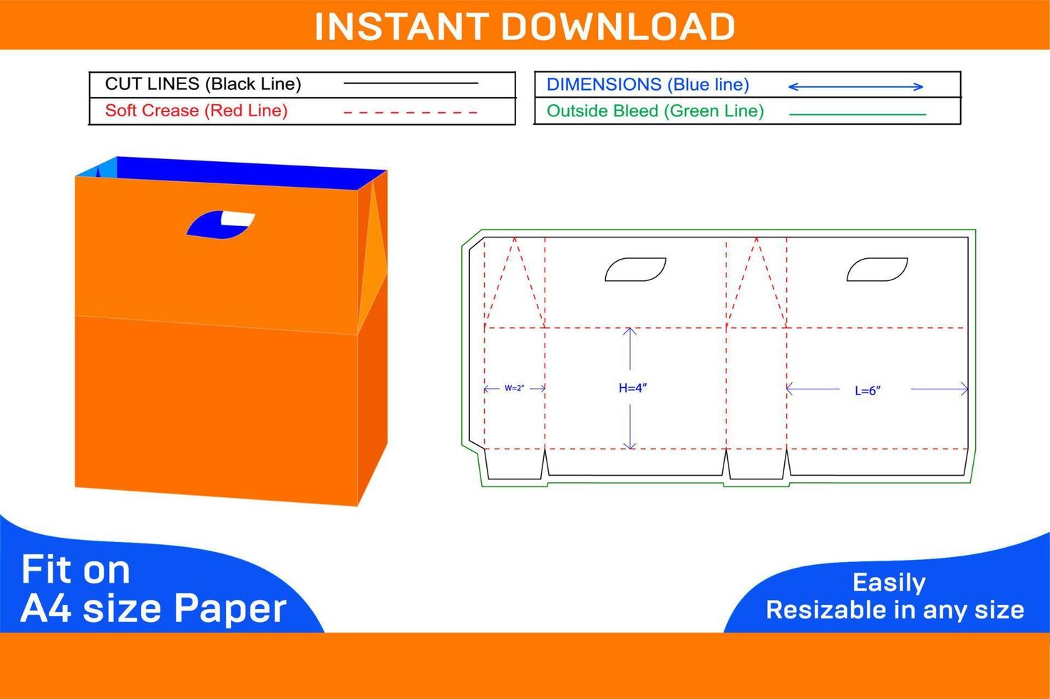 Carry bag or shopping bag die cut template and 3d render file Box dieline and 3D box vector