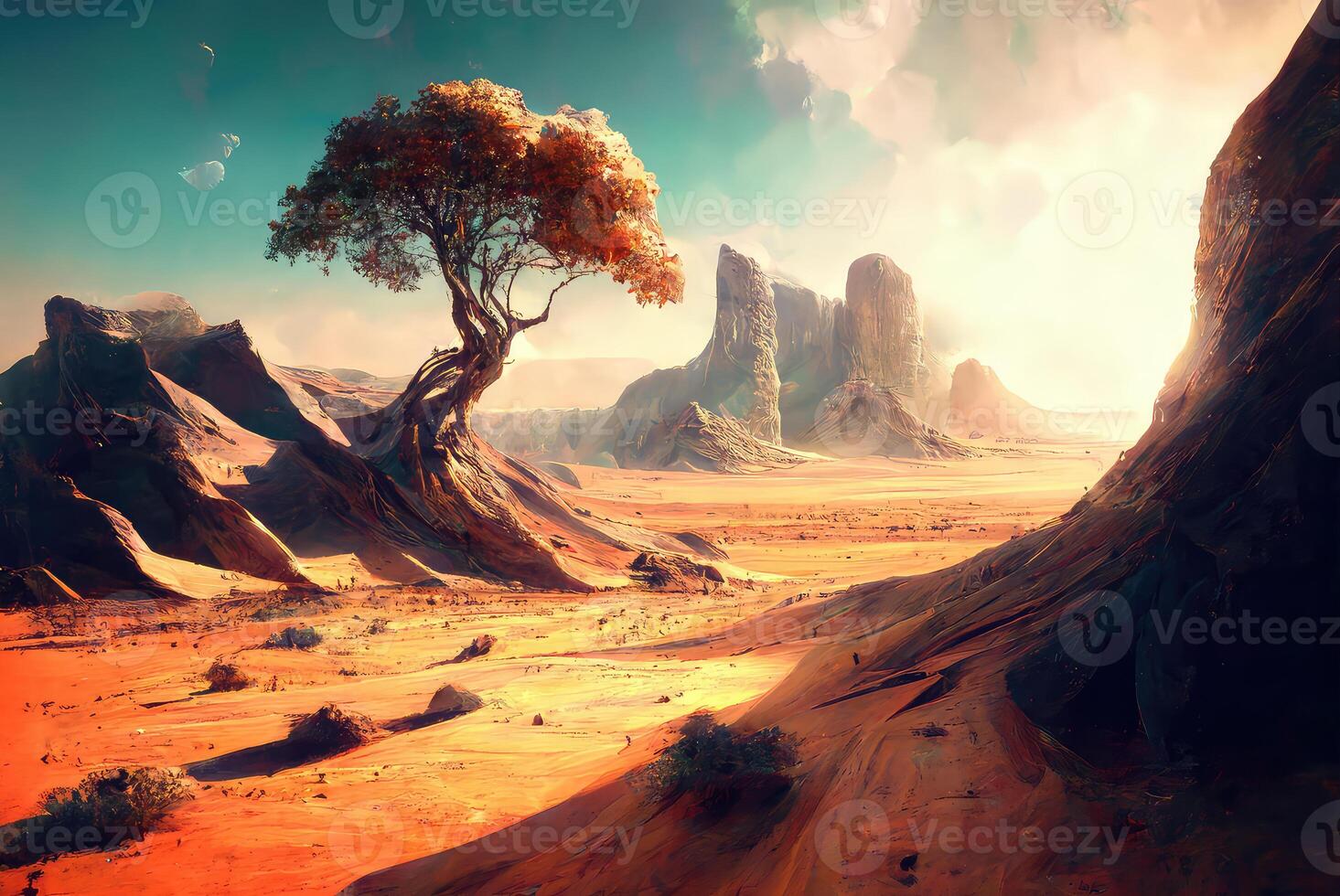 Painted landscape with mountains. photo