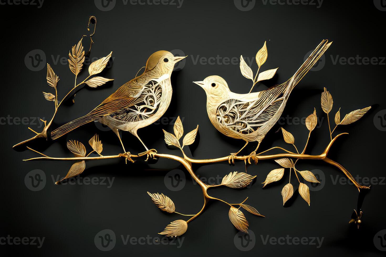 Golden birds on a branch with leaves. photo