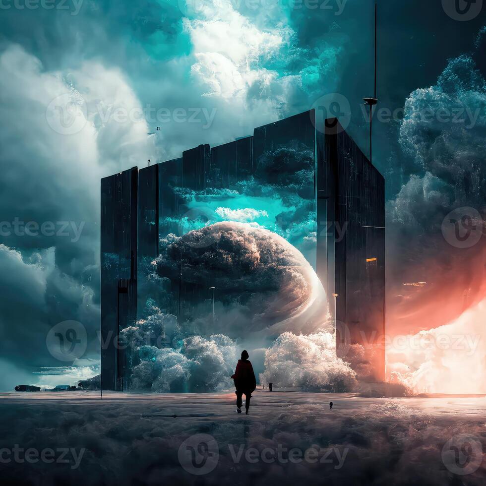 Futuristic landscape with lonely figure and concept building. photo