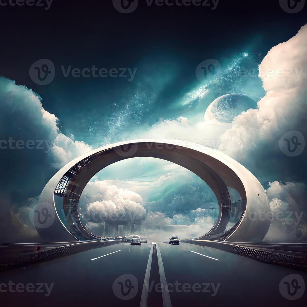 Futuristic dramatic cloudscape with highway and concept arch. photo