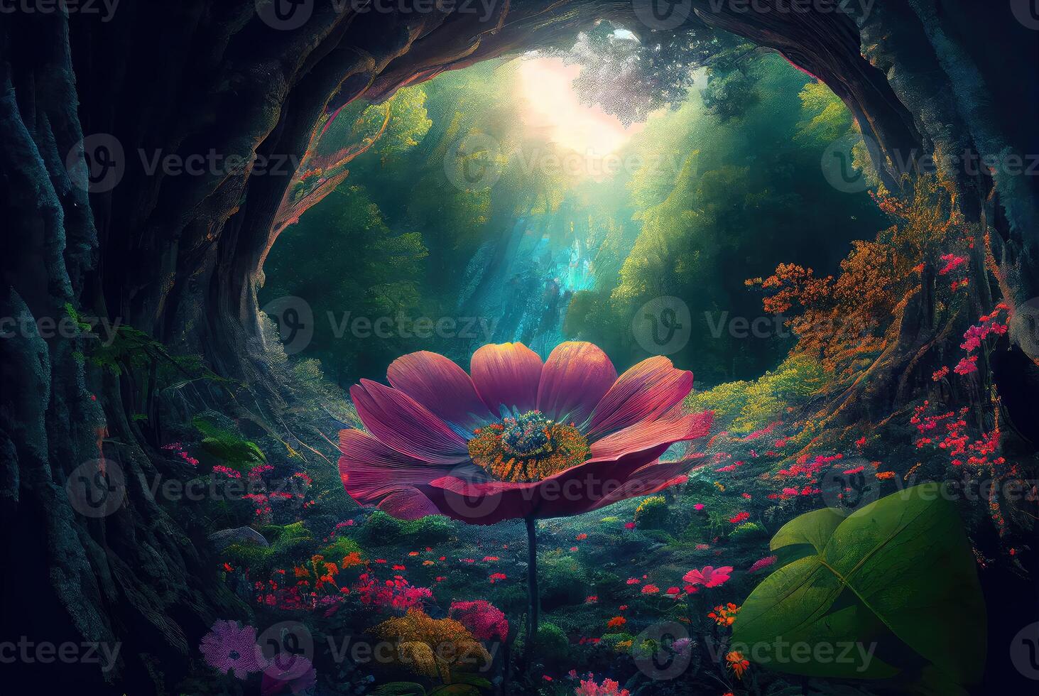 Fantasy forest landscape with big flower. photo