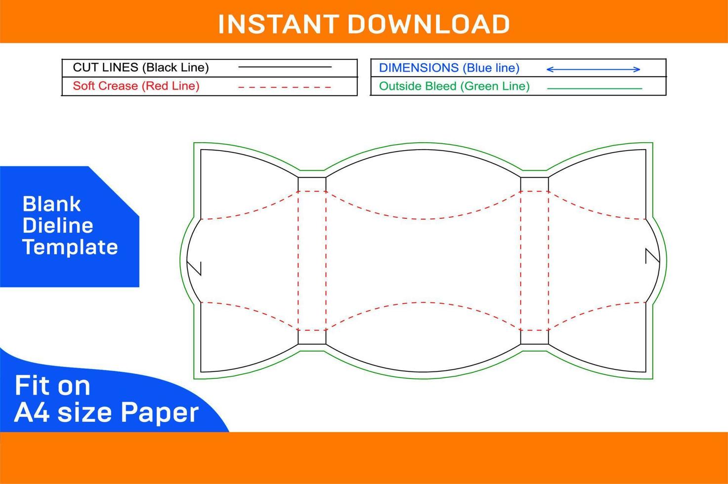 Pillow box design dieline template and 3D render file color changeable and editable Blank dieline template vector