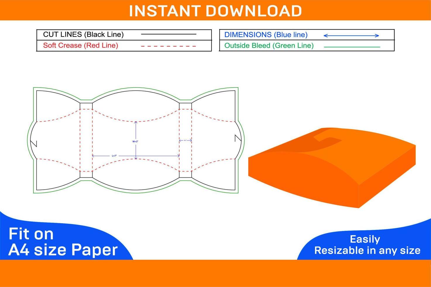 Pillow box design dieline template and 3D render file color changeable and editableBox dieline and 3D box vector