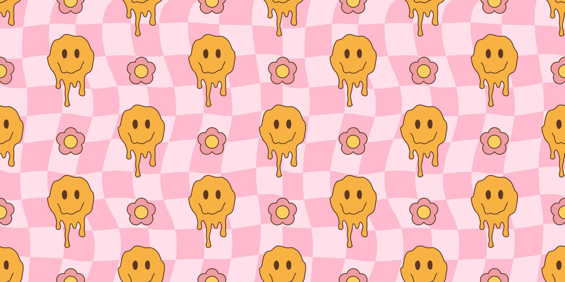 Derretido sonriente caras y flores, maravilloso sin costura modelo. retro hippie psicodélico estilo vector fondo de pantalla en años 60, años 70, Años 80