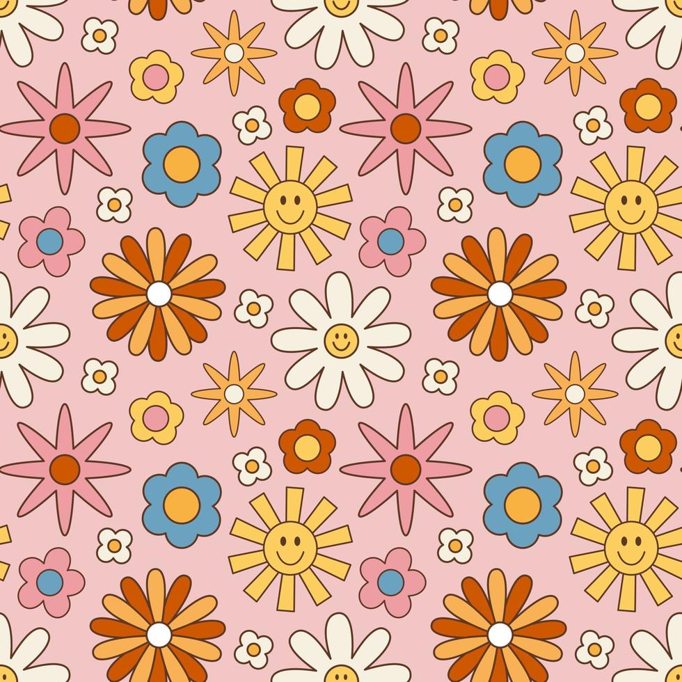 Vintage groovy daisy flowers. Retro hippie style, floral vector background 60s, 70s, 80s