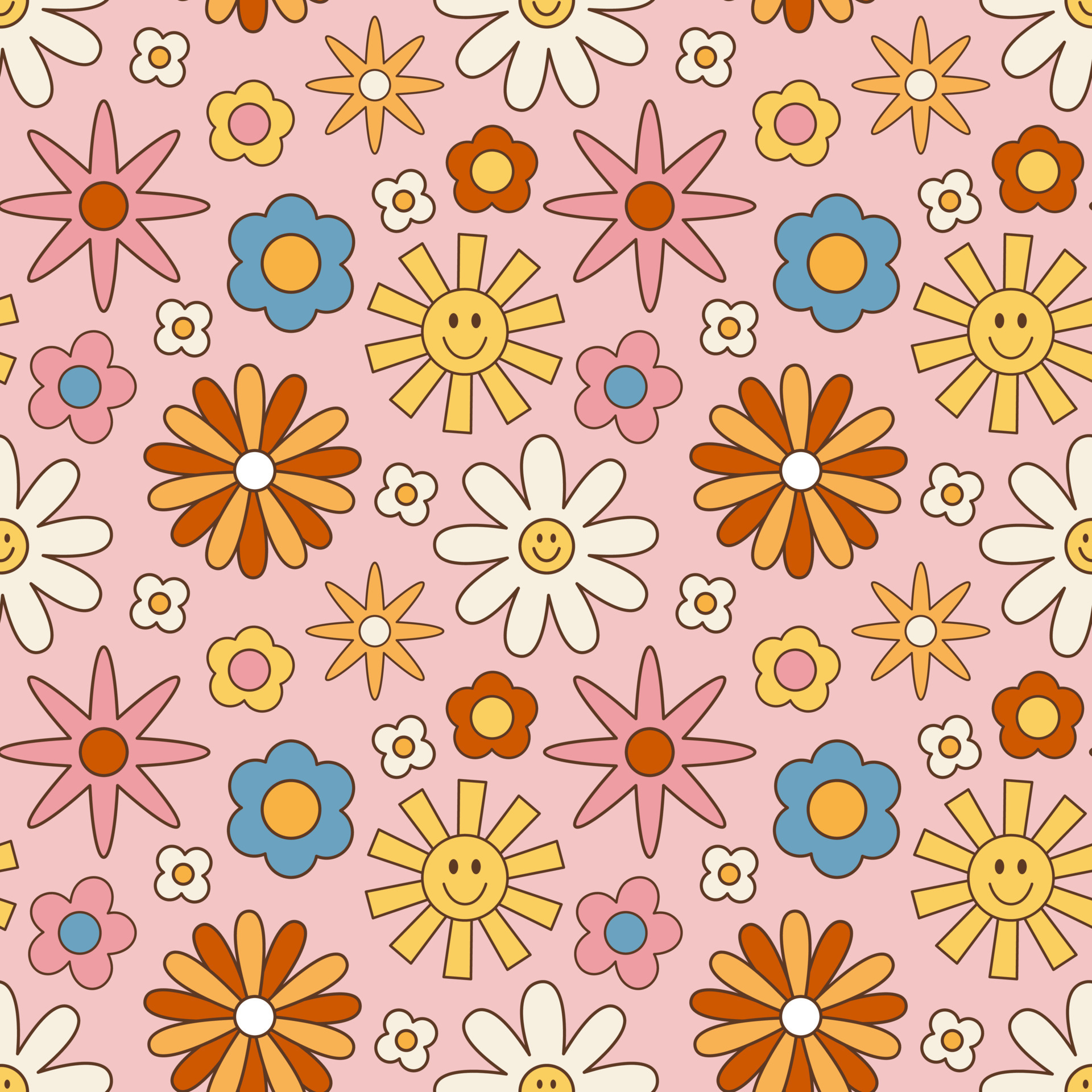 Vintage groovy daisy flowers. Retro hippie style, floral vector ...