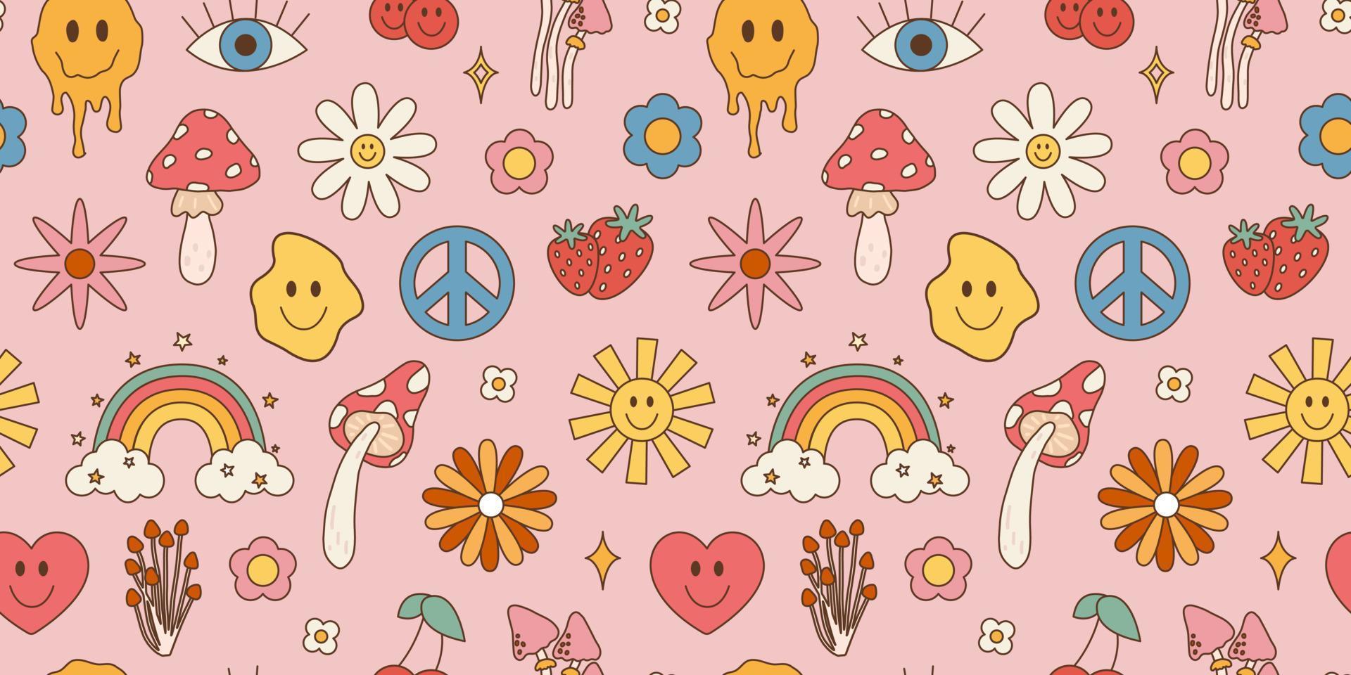 Retro psychedelic 60s 70s vector seamless patterns, groovy hippie style background. Cartoon print with flowers, rainbow and mushrooms, set in hippie style