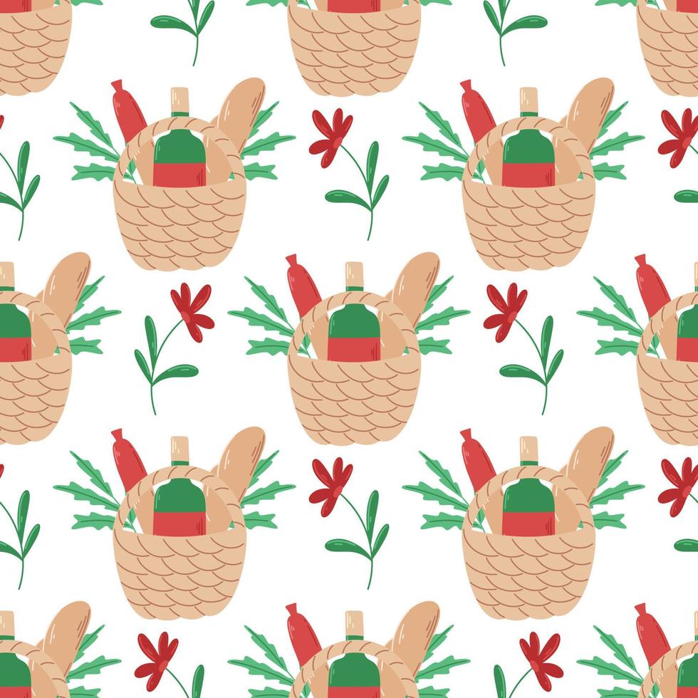 Basket with wine, baguettes and sausage seamless pattern vector