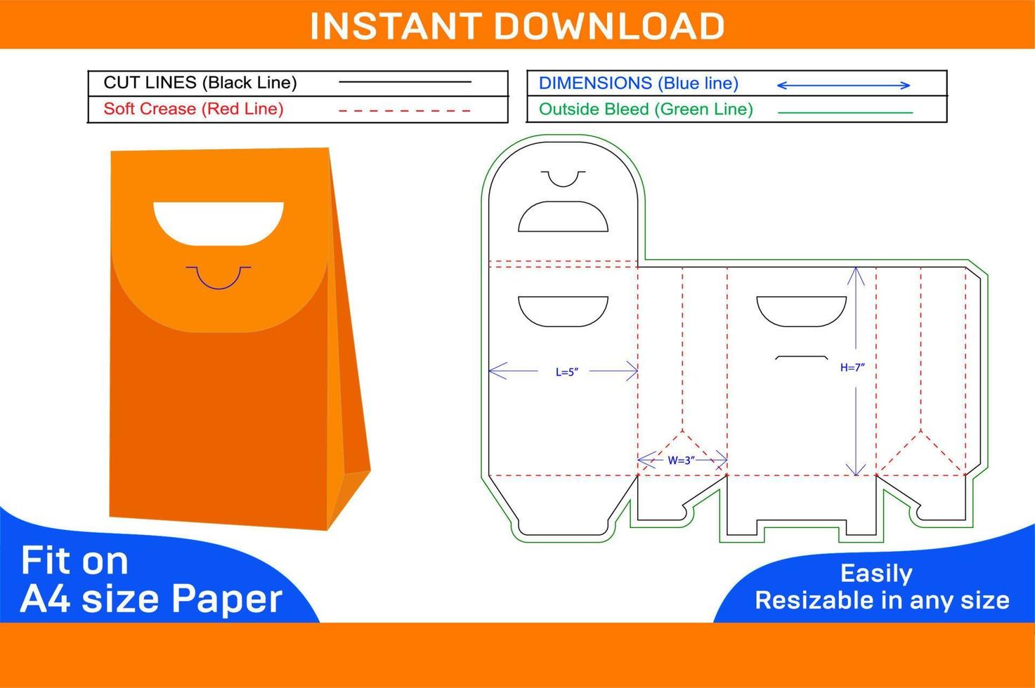 D cut handle shopping bag dieline template and 3D vector file Box dieline and 3D box