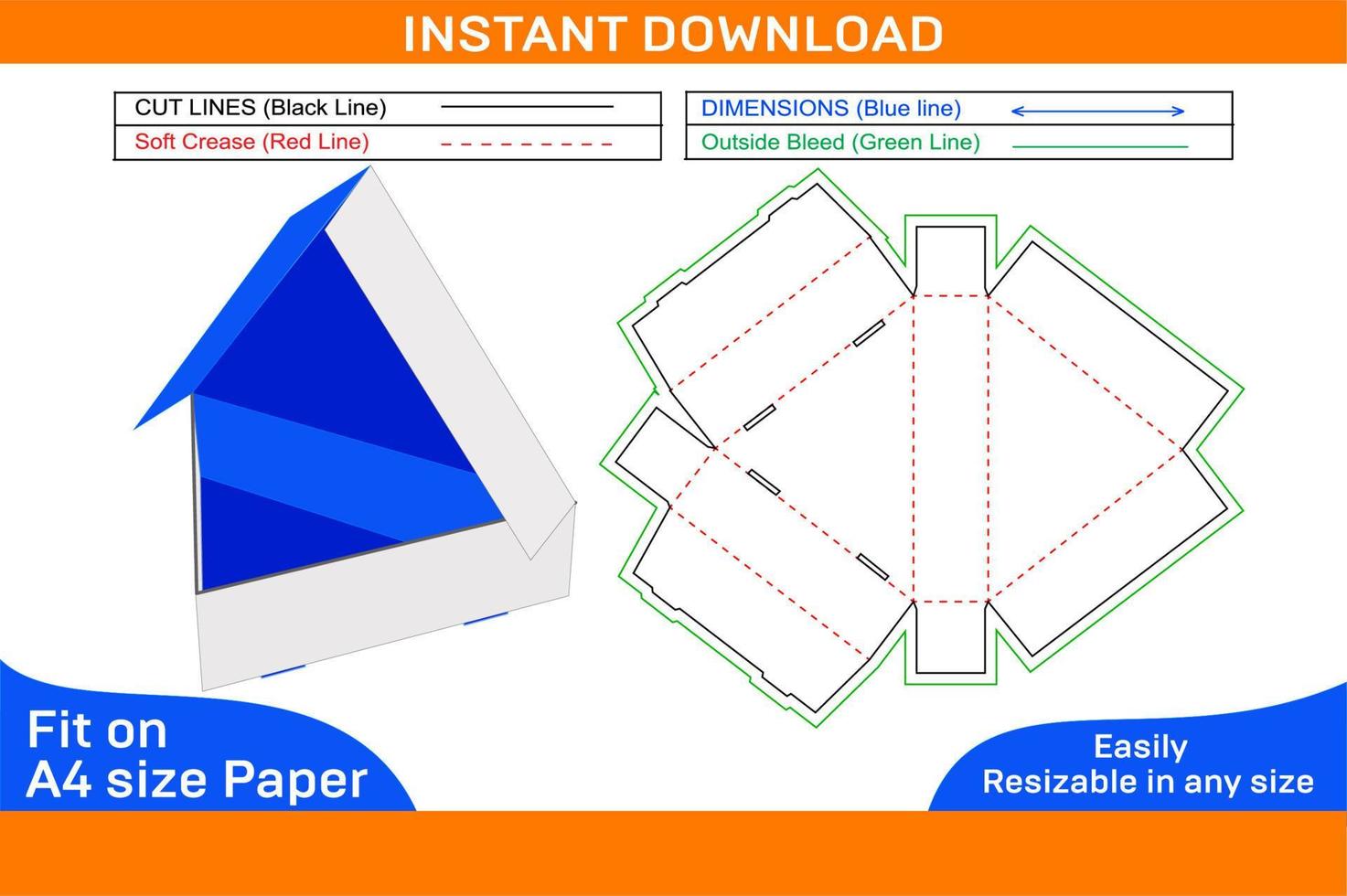 Triangle Pizza box or gift box, Food packaging box dieline template and 3D vector filebBox dieline and 3D box