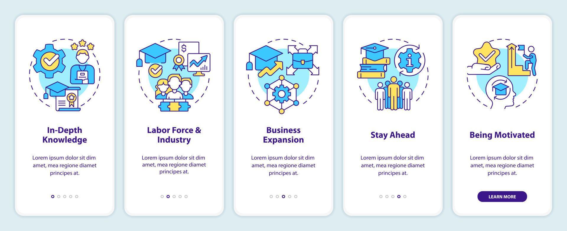 Industry specific education onboarding mobile app screen. Skills walkthrough 5 steps editable graphic instructions with linear concepts. UI, UX, GUI template vector