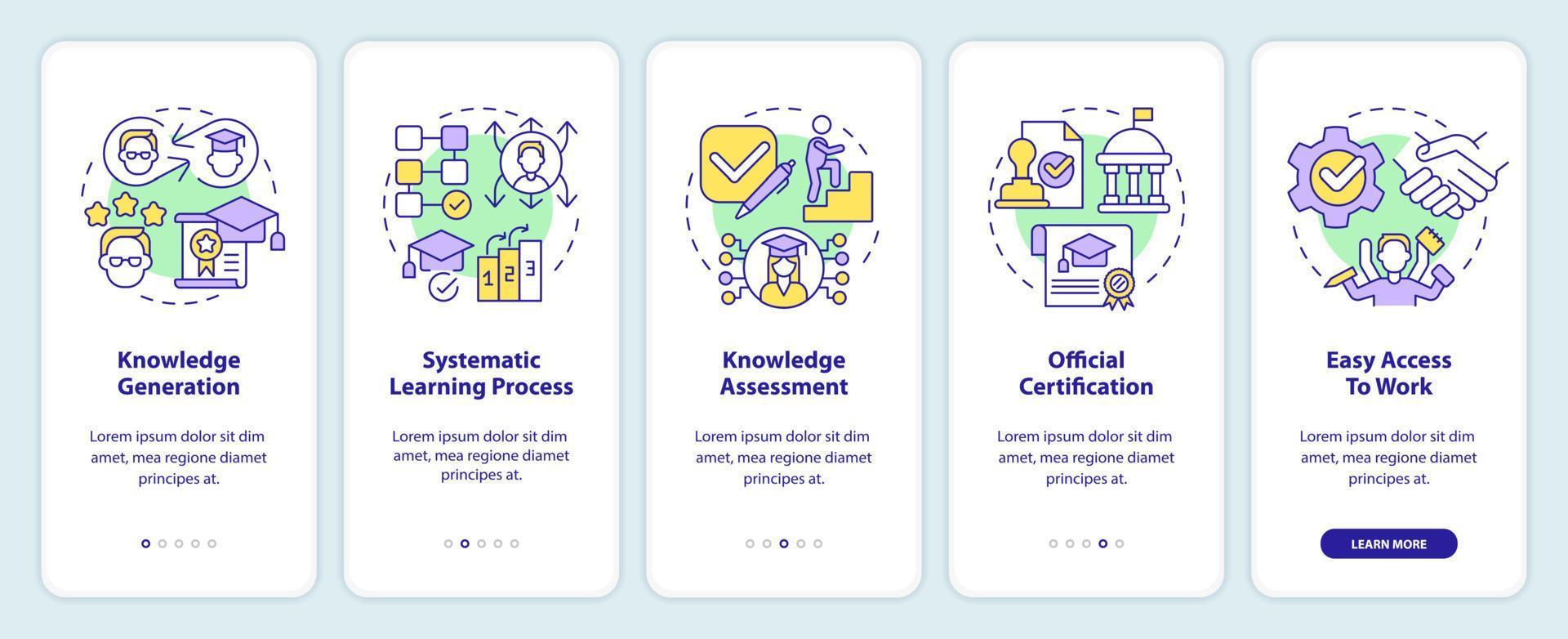 Advantages of formal education onboarding mobile app screen. Learning walkthrough 5 steps editable graphic instructions with linear concepts. UI, UX, GUI template vector