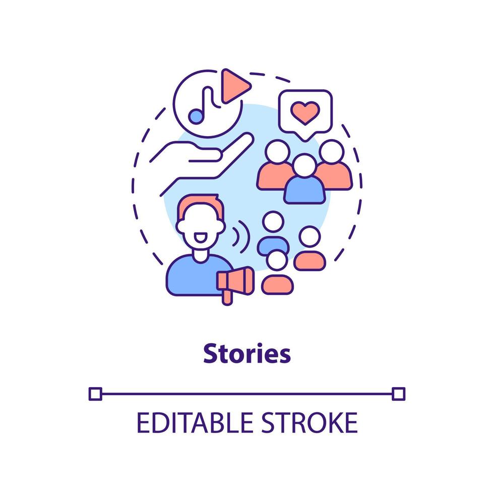 Stories concept icon. Live streaming. Online streamer. Popular podcast types abstract idea thin line illustration. Isolated outline drawing. Editable stroke vector