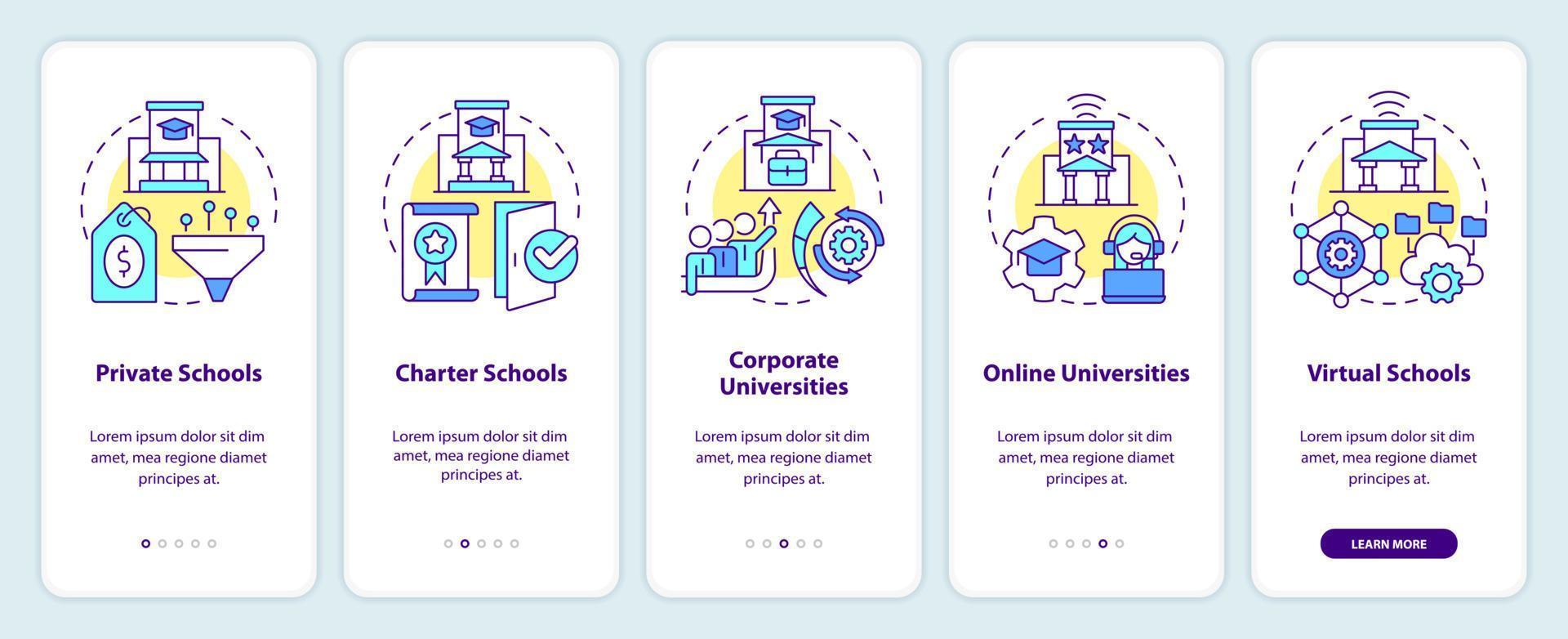 Schools and service providers onboarding mobile app screen. Education walkthrough 5 steps editable graphic instructions with linear concepts. UI, UX, GUI template vector