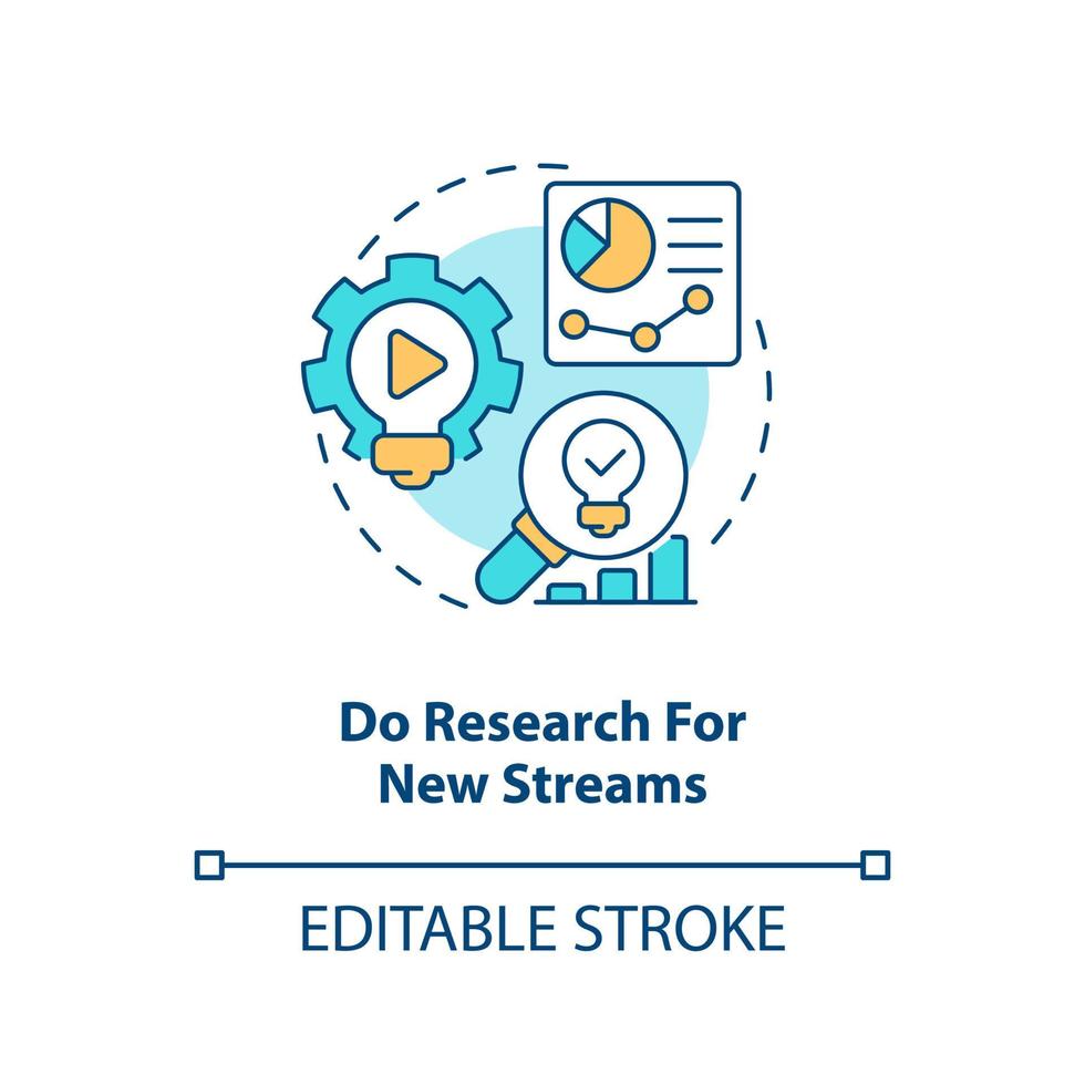 Research for new streams concept icon. Professional online streamer activity abstract idea thin line illustration. Isolated outline drawing. Editable stroke vector