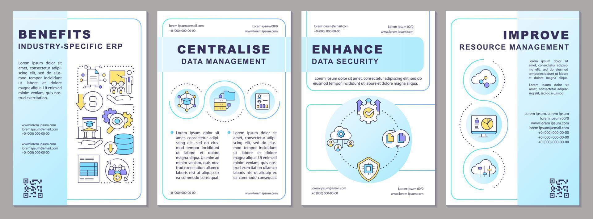 Benefits of industry specific ERP blue gradient brochure template. Leaflet design with linear icons. 4 vector layouts for presentation, annual reports