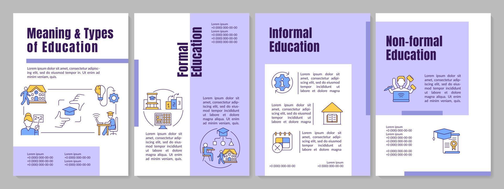 Education meaning and types of purple brochure template. Leaflet design with linear icons. Editable 4 vector layouts for presentation, annual reports