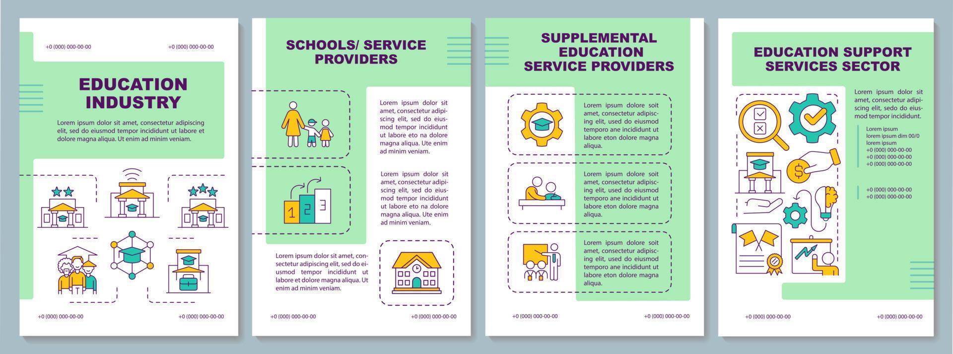 Education industry definition green brochure template. Learning. Leaflet design with linear icons. Editable 4 vector layouts for presentation, annual reports