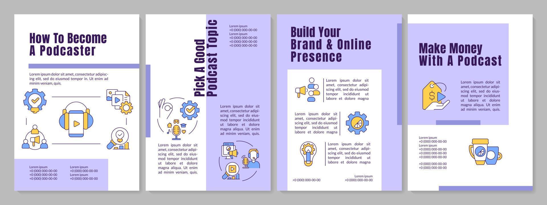 Podcaster tips for beginner purple brochure template. Digital content. Leaflet design with linear icons. Editable 4 vector layouts for presentation, annual reports