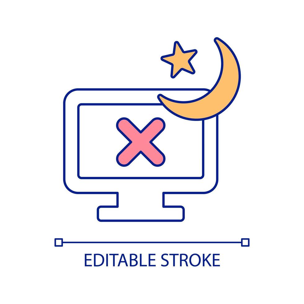 Avoid night screen time RGB color icon. Stop working at non-work time. Decrease late computer using. Isolated vector illustration. Simple filled line drawing. Editable stroke