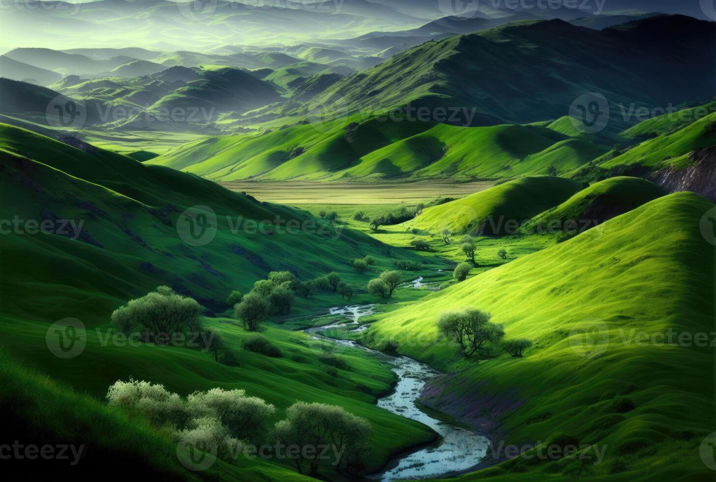 Summer landscape with green valley and river. photo