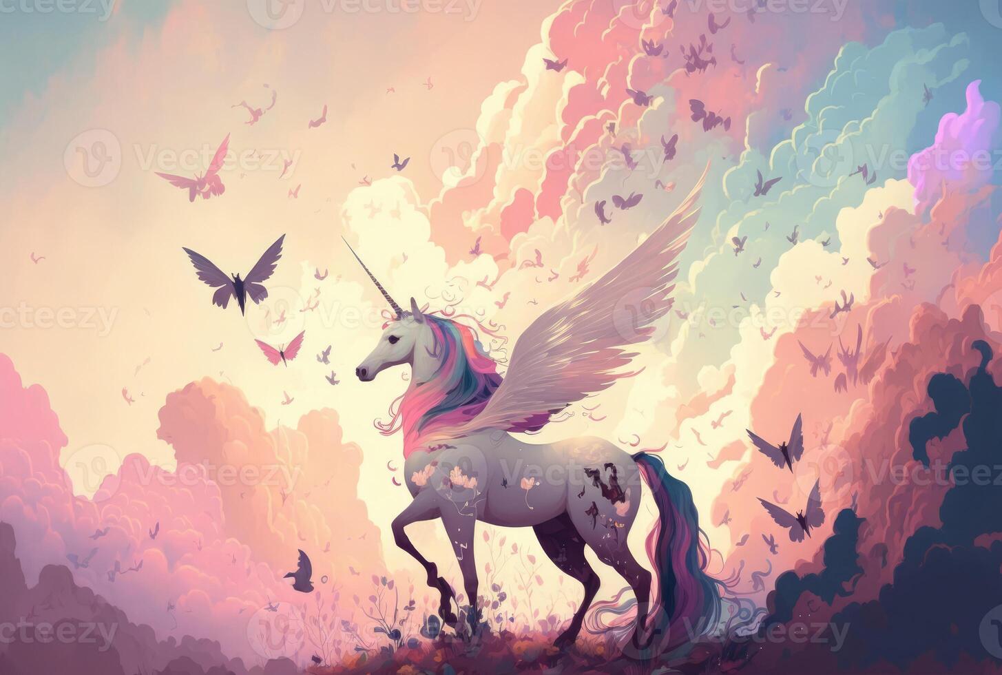 Pegasus unicorn and butterflies on cloudy sky background. Pastel watercolor. photo