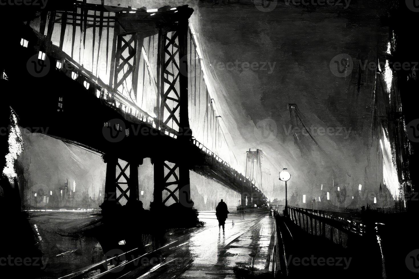 Watercolor monochrome drawing of the bridge. photo