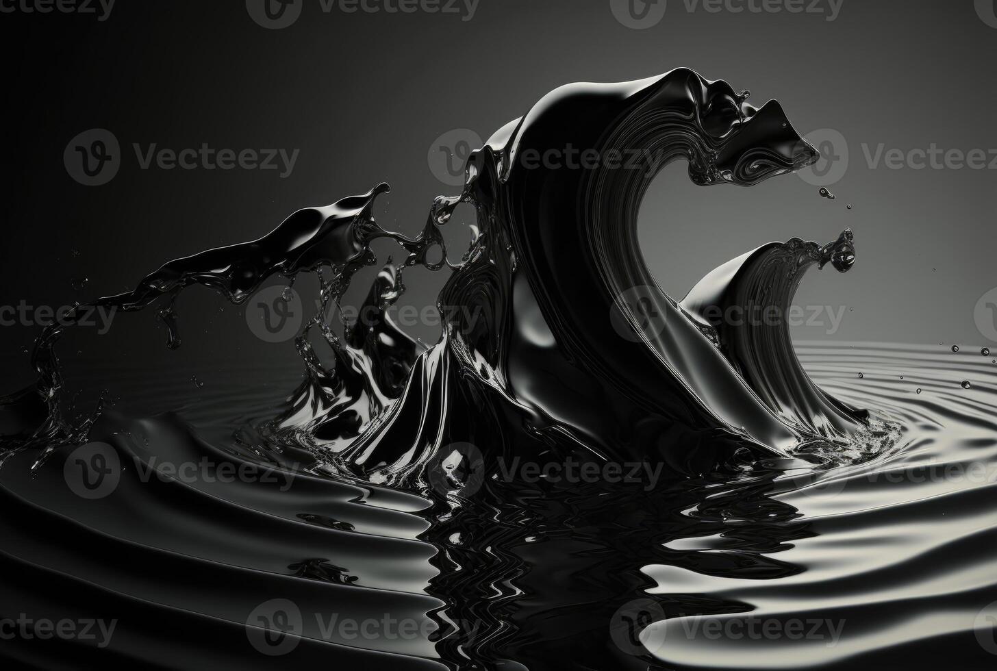 Liquid oil black wave with splashes, abstract background. photo