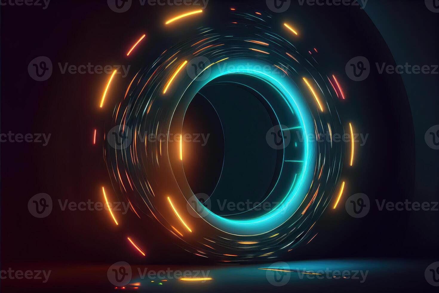 Ring shaped neon tunnel, portal futuristic abstract background. photo